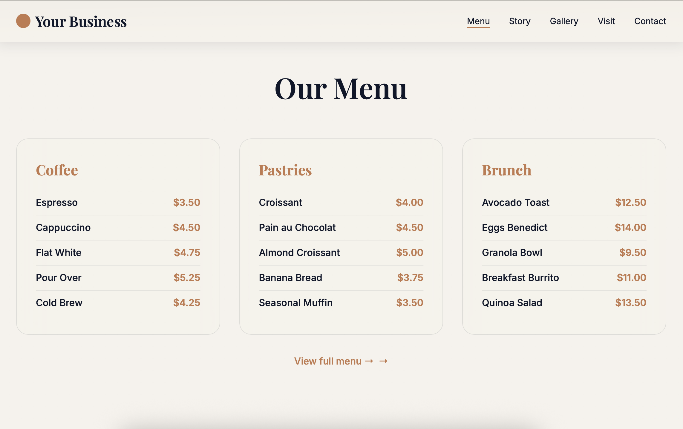 Café menu layout